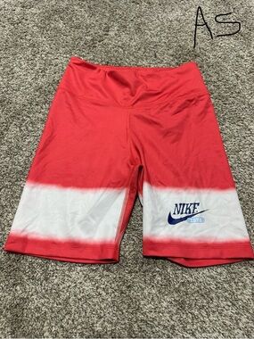 Nike Red and White Dip-Dye Bike Shorts with Blue Logo